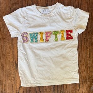 Lola + The Boys White Tee with Colorful SWIFTIE Letters